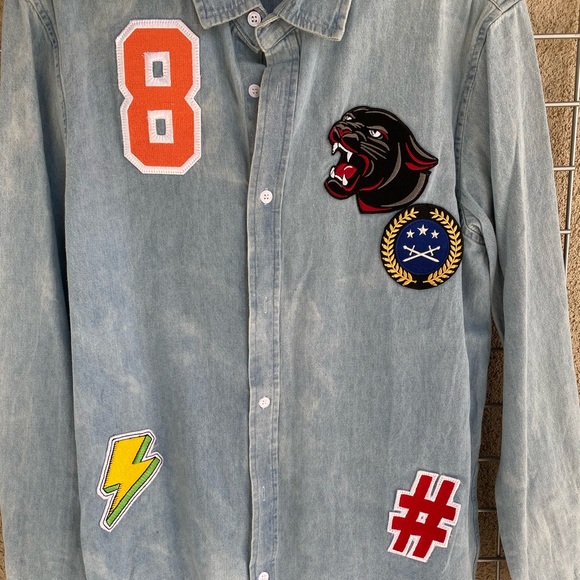 Boyfriend Chambray Button Down Patch Denim Shirt - Picture 3 of 9